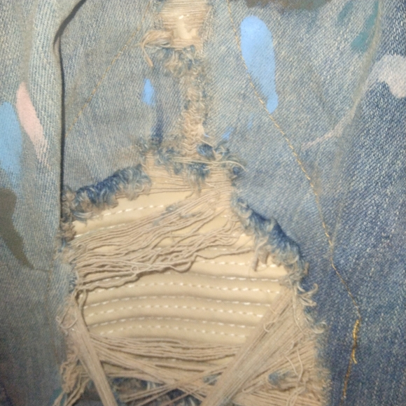 Refinery Republic Distressed Jeans - Pink And Blue Paint Splatter w/ Tan Accents - Picture 9 of 12